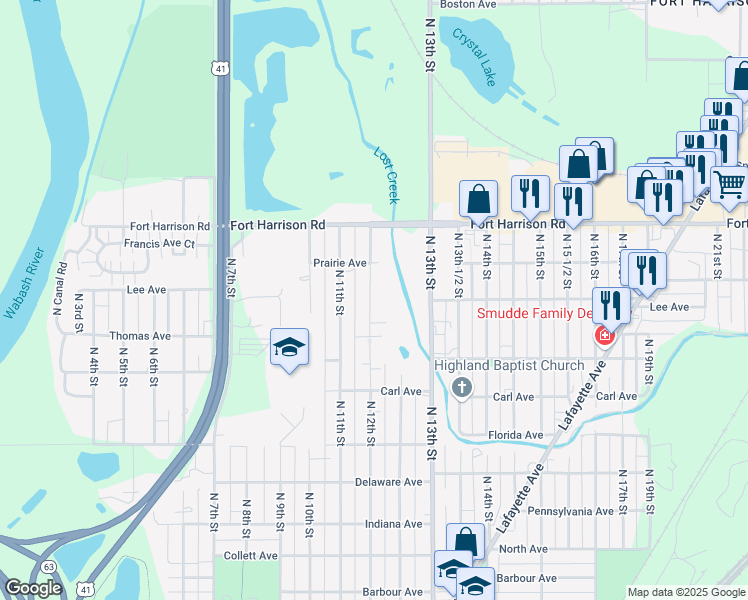 map of restaurants, bars, coffee shops, grocery stores, and more near 3135 North 12th Street in Terre Haute