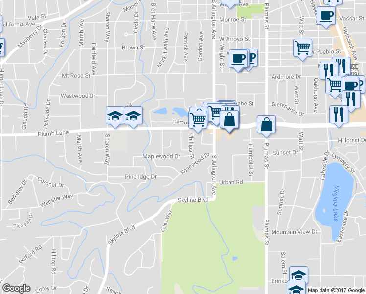 map of restaurants, bars, coffee shops, grocery stores, and more near 1644 Hoyt Street in Reno