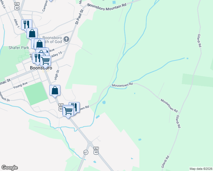 map of restaurants, bars, coffee shops, grocery stores, and more near 20838 Mousetown Road in Boonsboro