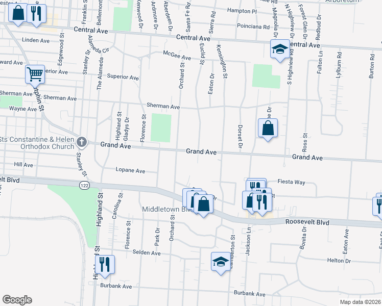 map of restaurants, bars, coffee shops, grocery stores, and more near 3108 Grand Avenue in Middletown