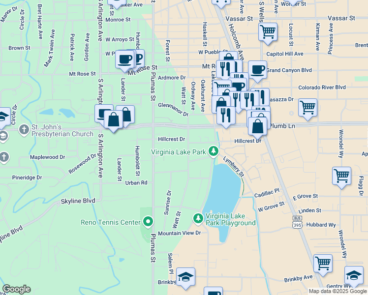 map of restaurants, bars, coffee shops, grocery stores, and more near 1924 Watt Street in Reno