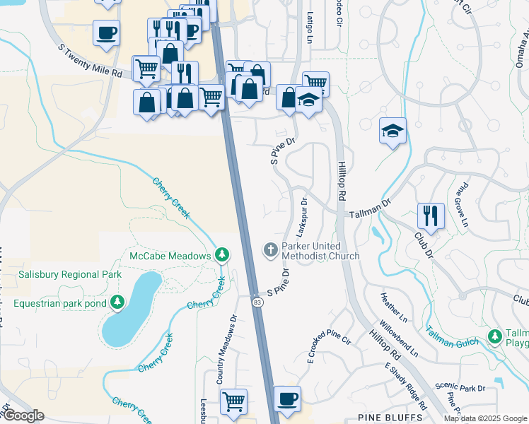 map of restaurants, bars, coffee shops, grocery stores, and more near 11605 Radiant Circle in Parker