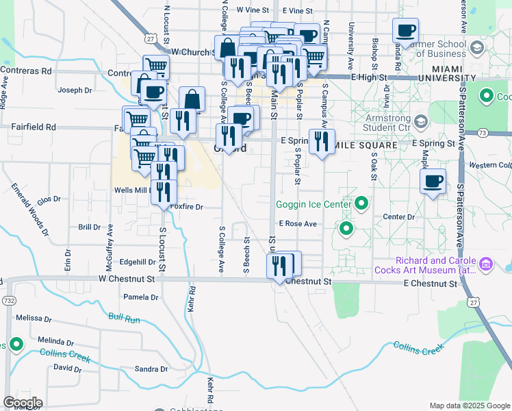 map of restaurants, bars, coffee shops, grocery stores, and more near 518 Ohio 732 in Oxford