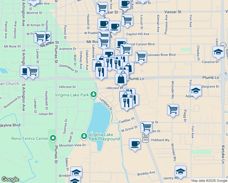 map of restaurants, bars, coffee shops, grocery stores, and more near 225 Brenham Avenue in Reno