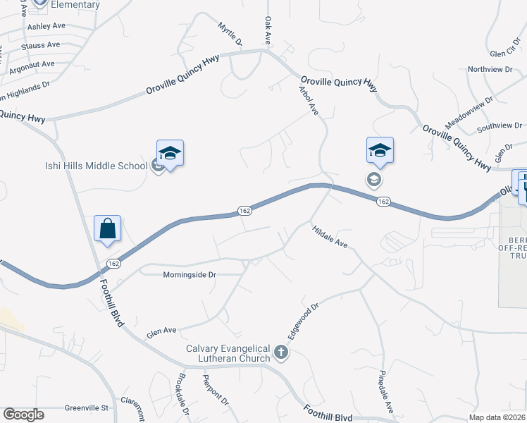 map of restaurants, bars, coffee shops, grocery stores, and more near 3570 Olive Highway in Oroville