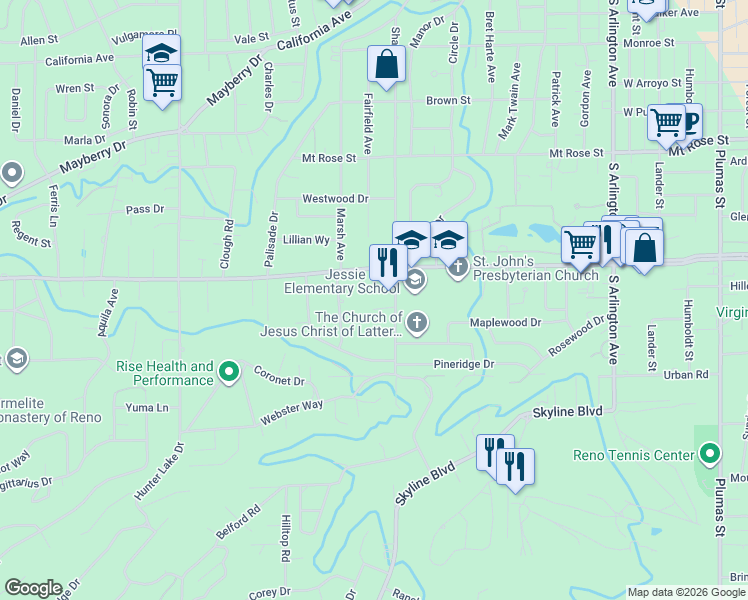 map of restaurants, bars, coffee shops, grocery stores, and more near 1160 Harvey Lane in Reno