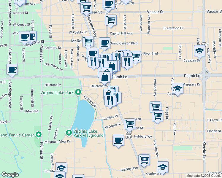 map of restaurants, bars, coffee shops, grocery stores, and more near Locust St & Carson- Reno Hwy in Reno