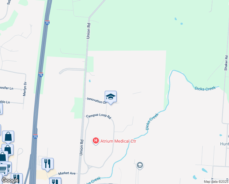 map of restaurants, bars, coffee shops, grocery stores, and more near 5750 Innovation Drive in Middletown