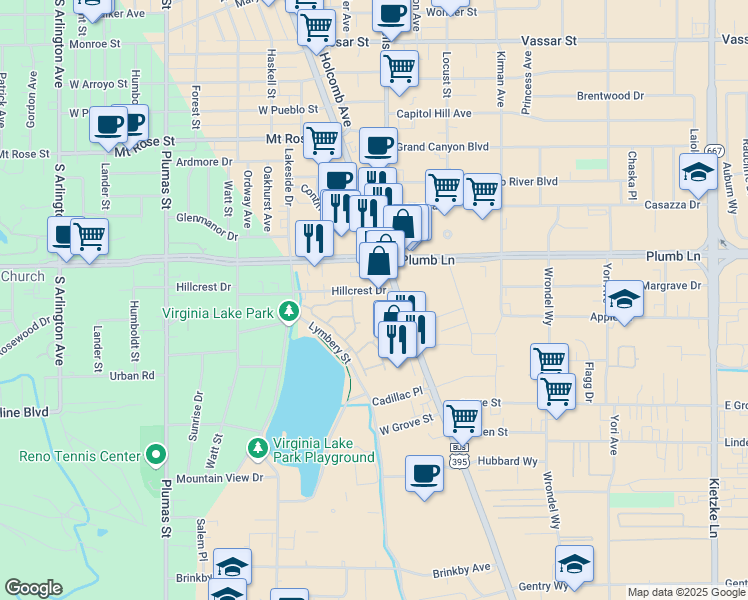 map of restaurants, bars, coffee shops, grocery stores, and more near 2041 South Virginia Street in Reno