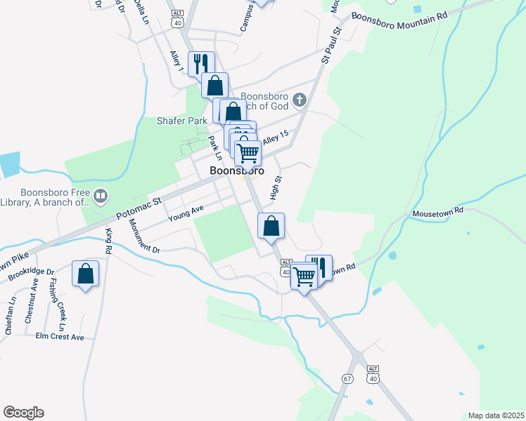 map of restaurants, bars, coffee shops, grocery stores, and more near 101 South Main Street in Boonsboro
