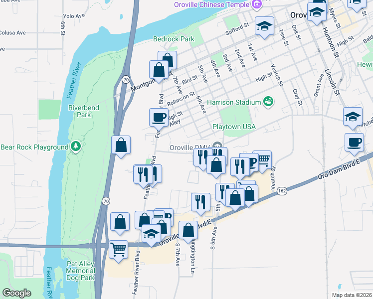 map of restaurants, bars, coffee shops, grocery stores, and more near 400 Mitchell Avenue in Oroville
