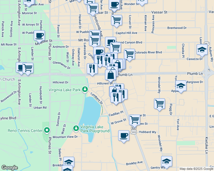 map of restaurants, bars, coffee shops, grocery stores, and more near 2041 South Virginia Street in Reno