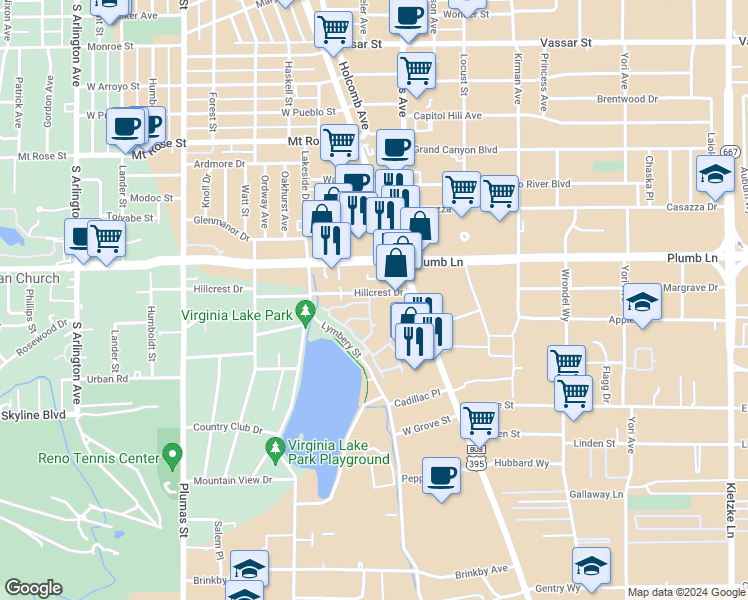 map of restaurants, bars, coffee shops, grocery stores, and more near 225 Brenham Avenue in Reno