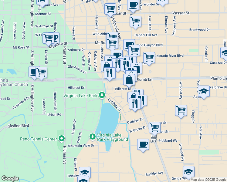 map of restaurants, bars, coffee shops, grocery stores, and more near 225 Brenham Avenue in Reno
