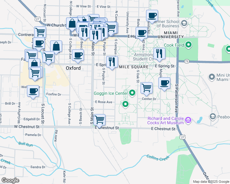 map of restaurants, bars, coffee shops, grocery stores, and more near 530 South Campus Avenue in Oxford