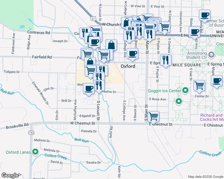 map of restaurants, bars, coffee shops, grocery stores, and more near 215 Foxfire Drive in Oxford