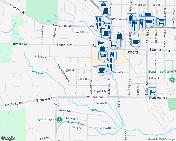 map of restaurants, bars, coffee shops, grocery stores, and more near 504 McGuffey Avenue in Oxford