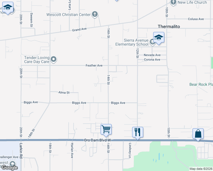map of restaurants, bars, coffee shops, grocery stores, and more near 1277 14th Street in Oroville