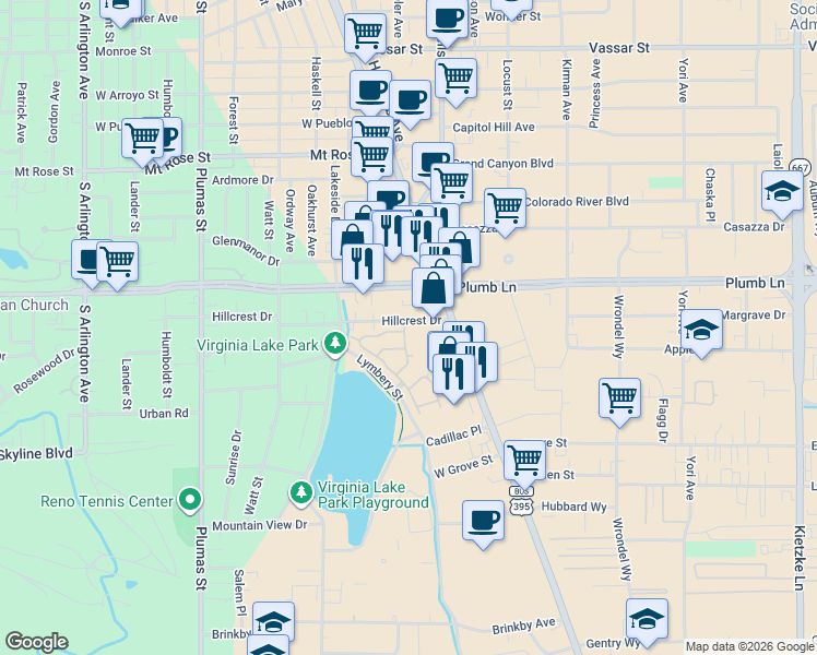 map of restaurants, bars, coffee shops, grocery stores, and more near 225 Brenham Avenue in Reno