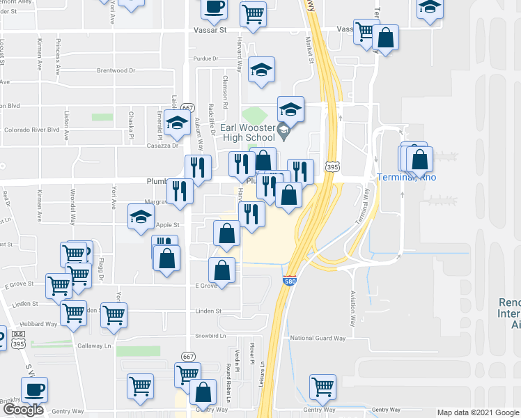 map of restaurants, bars, coffee shops, grocery stores, and more near 2000 Harvard Way in Reno