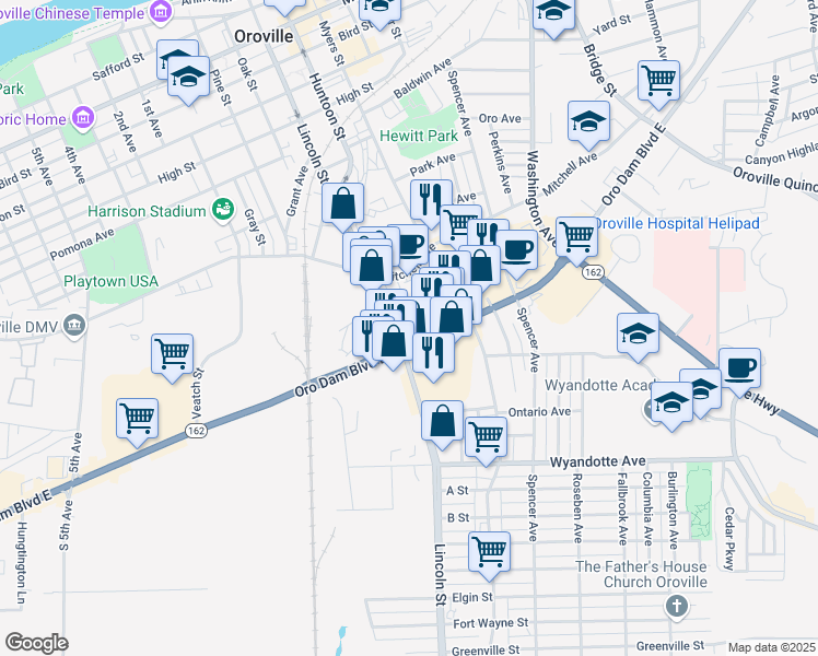 map of restaurants, bars, coffee shops, grocery stores, and more near 1820 Oro Dam Boulevard East in Oroville