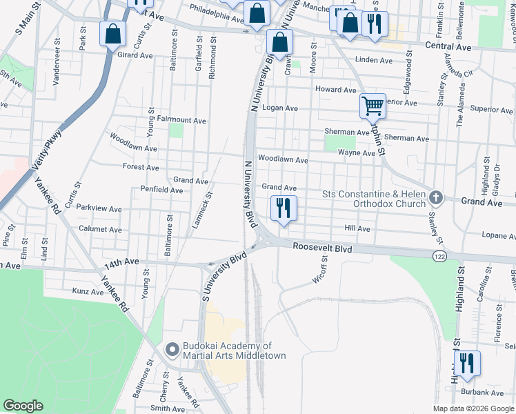 map of restaurants, bars, coffee shops, grocery stores, and more near 801 Waite Street in Middletown
