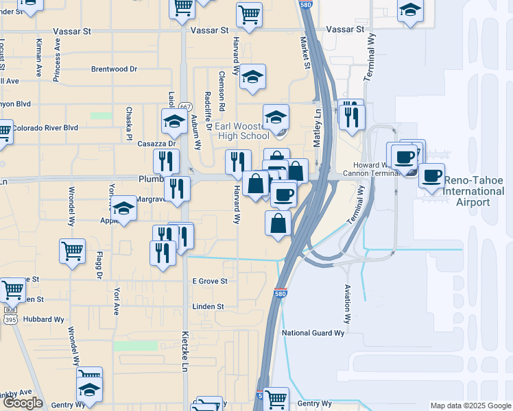 map of restaurants, bars, coffee shops, grocery stores, and more near 2000 Harvard Way in Reno