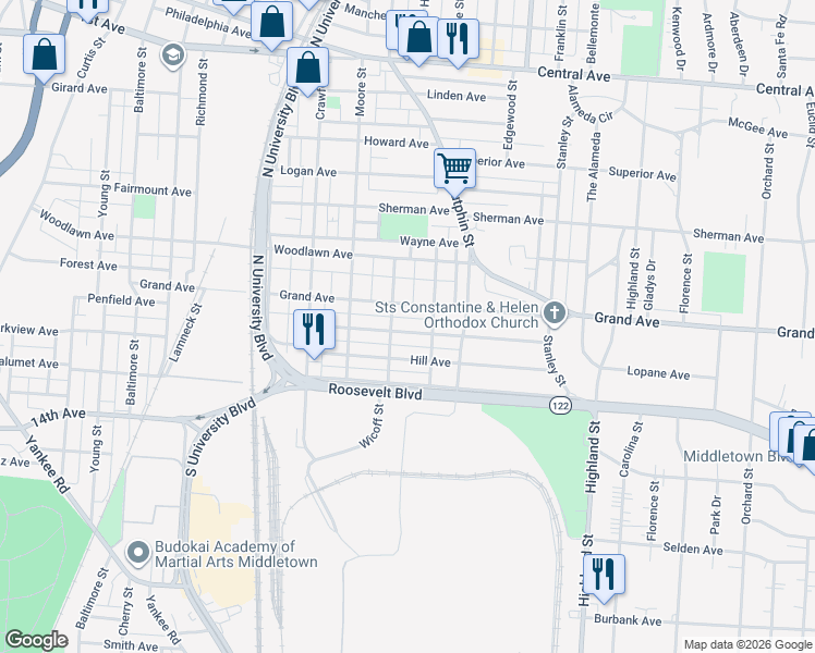 map of restaurants, bars, coffee shops, grocery stores, and more near 2106 Queen Avenue in Middletown