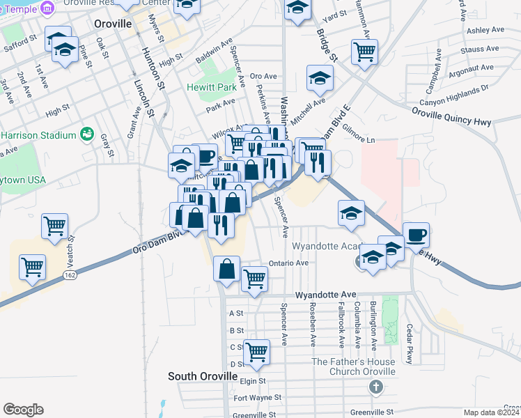 map of restaurants, bars, coffee shops, grocery stores, and more near 2574 Brown Avenue in Oroville