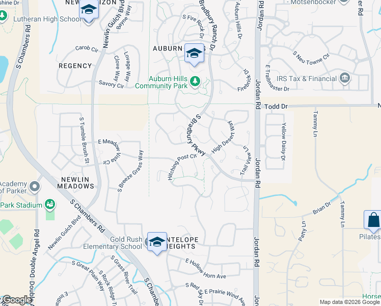 map of restaurants, bars, coffee shops, grocery stores, and more near 16515 Hitching Post Circle in Parker