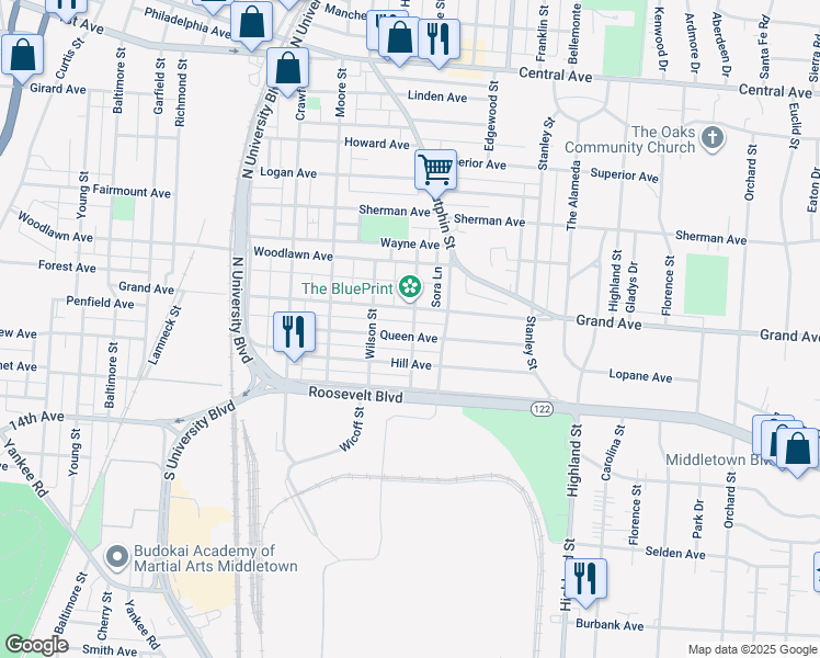 map of restaurants, bars, coffee shops, grocery stores, and more near 2204 Queen Avenue in Middletown