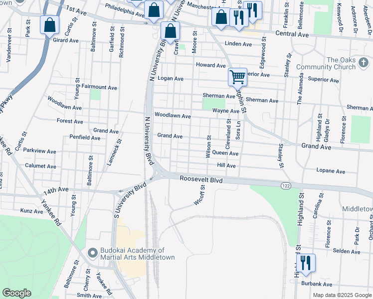 map of restaurants, bars, coffee shops, grocery stores, and more near 1907 Hill Avenue in Middletown