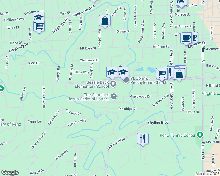 map of restaurants, bars, coffee shops, grocery stores, and more near 1900 Sharon Way in Reno