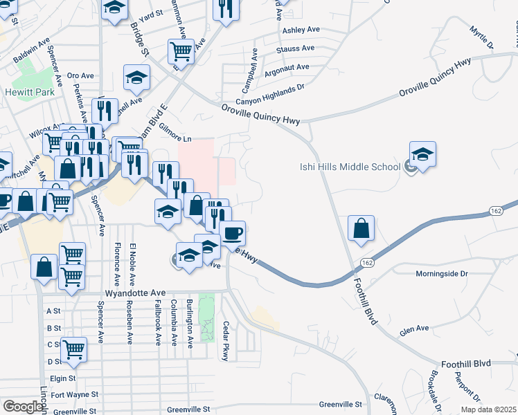 map of restaurants, bars, coffee shops, grocery stores, and more near 400 Hillview Ridge lane in Oroville