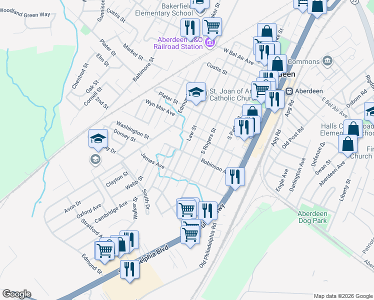 map of restaurants, bars, coffee shops, grocery stores, and more near South Law Street in Aberdeen