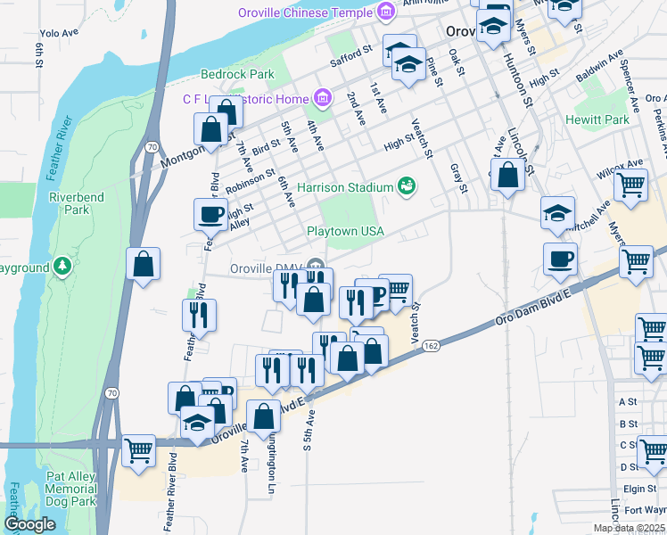 map of restaurants, bars, coffee shops, grocery stores, and more near 873 Mitchell Avenue in Oroville