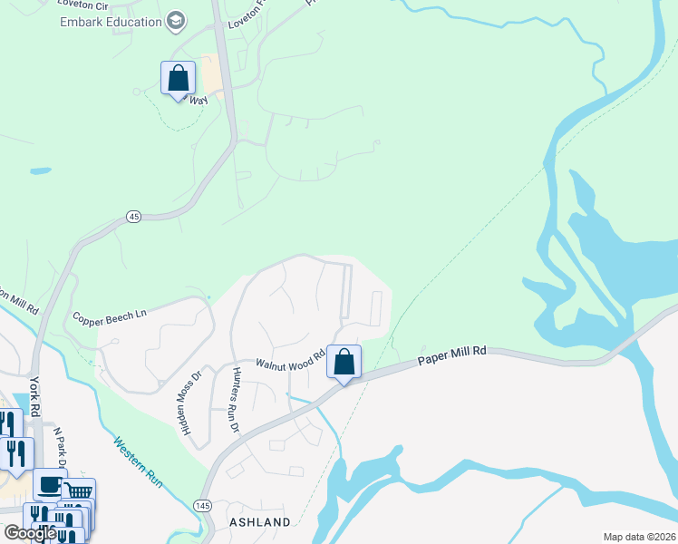 map of restaurants, bars, coffee shops, grocery stores, and more near 11904 White Heather Road in Cockeysville