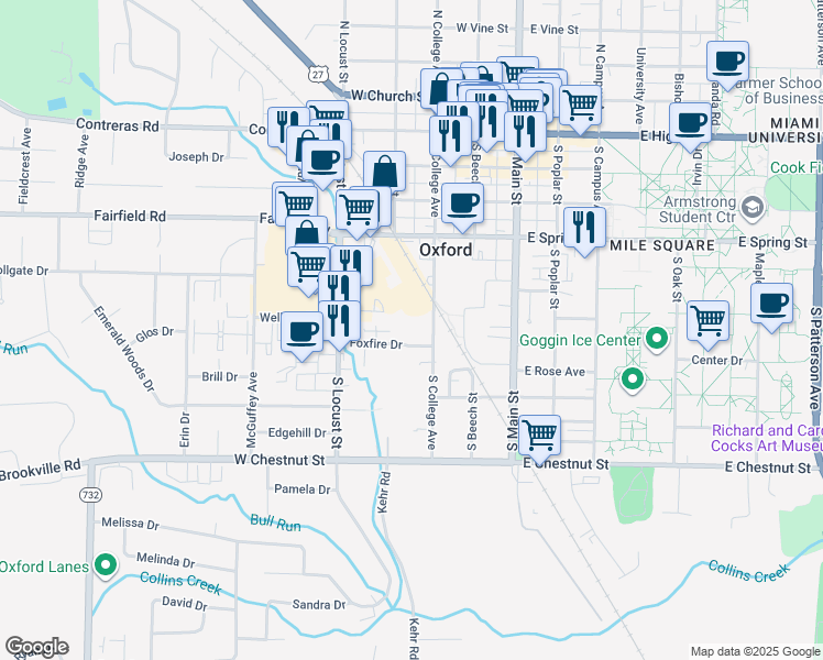 map of restaurants, bars, coffee shops, grocery stores, and more near 215 Foxfire Drive in Oxford