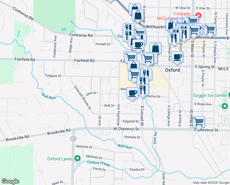 map of restaurants, bars, coffee shops, grocery stores, and more near 504 McGuffey Avenue in Oxford