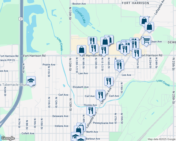 map of restaurants, bars, coffee shops, grocery stores, and more near 3060 North 14th 1/2th Street in Terre Haute