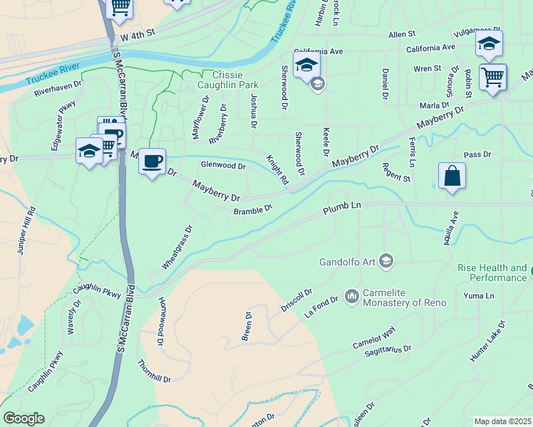 map of restaurants, bars, coffee shops, grocery stores, and more near 3185 West Plumb Lane in Reno