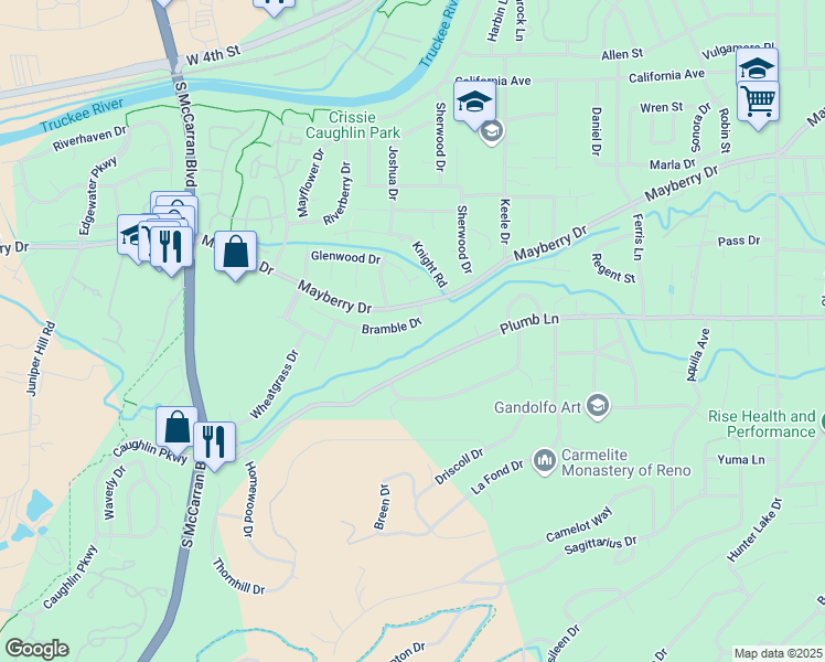 map of restaurants, bars, coffee shops, grocery stores, and more near 3185 West Plumb Lane in Reno