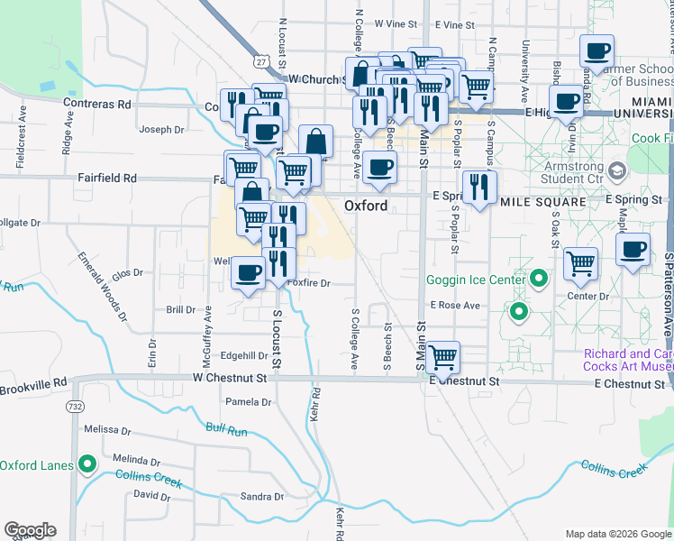 map of restaurants, bars, coffee shops, grocery stores, and more near 215 Foxfire Drive in Oxford