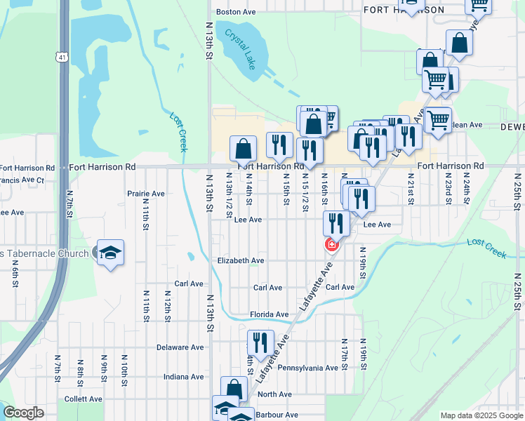 map of restaurants, bars, coffee shops, grocery stores, and more near 3060 North 14th 1/2th Street in Terre Haute