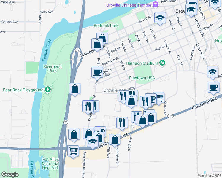 map of restaurants, bars, coffee shops, grocery stores, and more near 500 Mitchell Avenue in Oroville