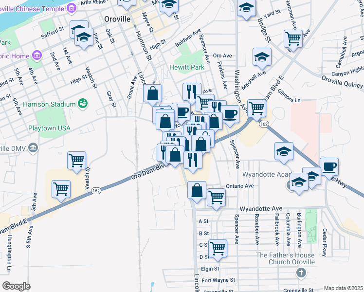 map of restaurants, bars, coffee shops, grocery stores, and more near 1820 Oro Dam Boulevard East in Oroville