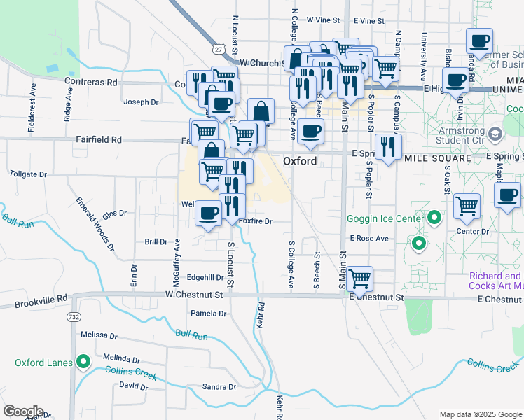 map of restaurants, bars, coffee shops, grocery stores, and more near 215 Foxfire Drive in Oxford