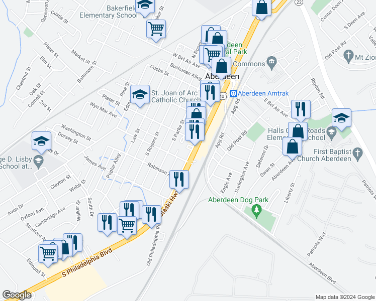 map of restaurants, bars, coffee shops, grocery stores, and more near 312 North Philadelphia Boulevard in Aberdeen