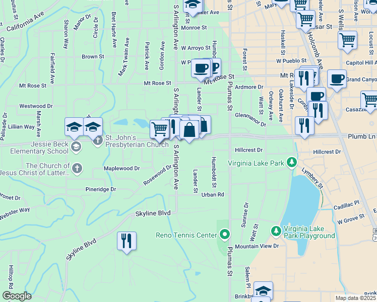 map of restaurants, bars, coffee shops, grocery stores, and more near 375 Chevy Chase Street in Reno