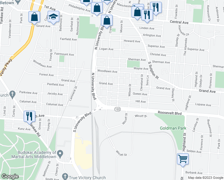 map of restaurants, bars, coffee shops, grocery stores, and more near 1907 Queen Avenue in Middletown